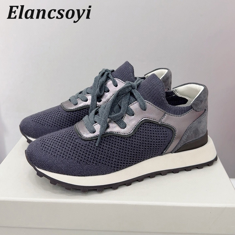 Knit Fabric Lace Up Sneakers - Chaussures plates femmes chaîne perle tricot