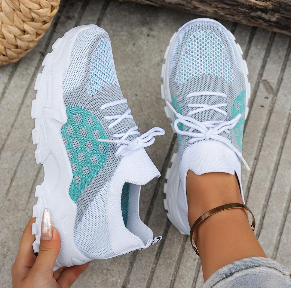 Knit Fabric Lace Up Sneakers - Chaussures de sport respirantes en maille