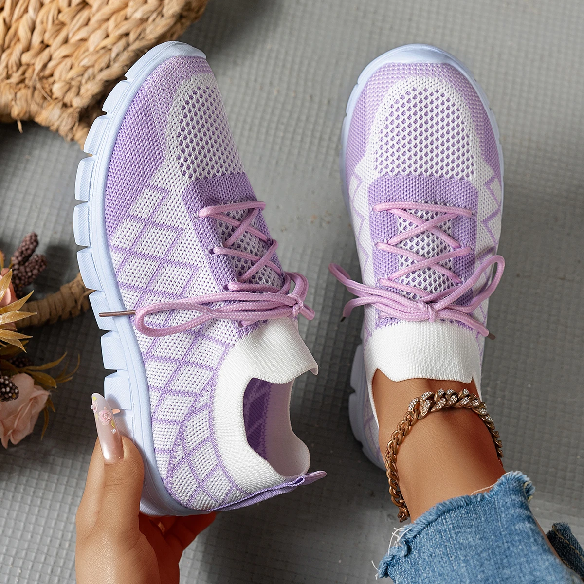 Knit Fabric Lace Up Sneakers - Baskets en tricot pour femmes, chaussures