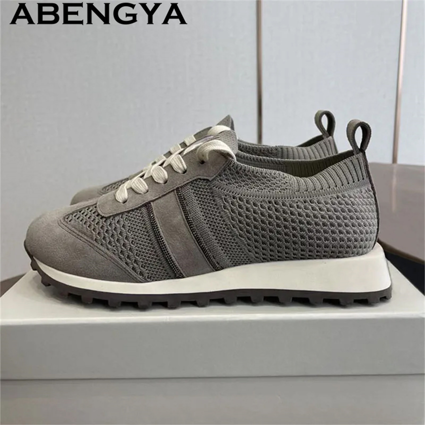 Knit Fabric Lace Up Sneakers - Chaussures plates décontractées en dentelle tricotée,