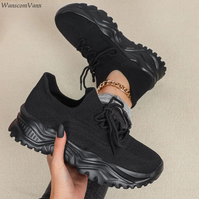 Knit Fabric Lace Up Sneakers - Baskets plateforme épaisses tendance pour femmes