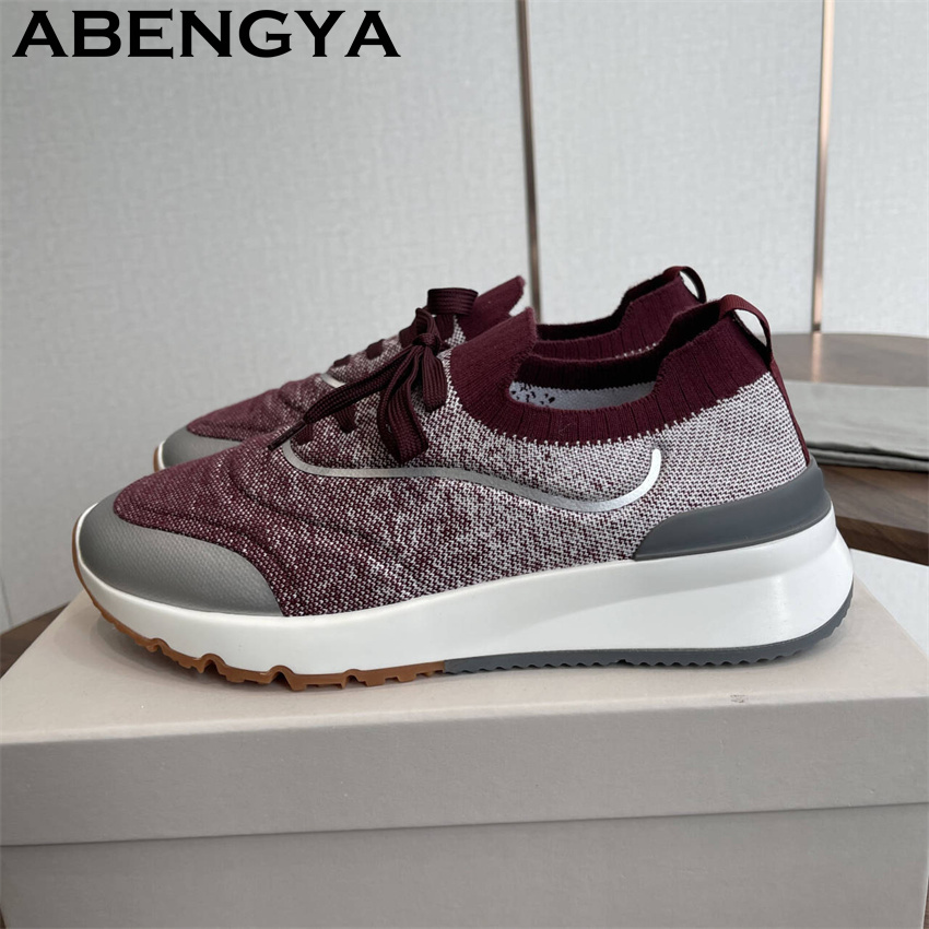 Knit Fabric Lace Up Sneakers - Nouvelles chaussures mocassins tricotées multicolores pour