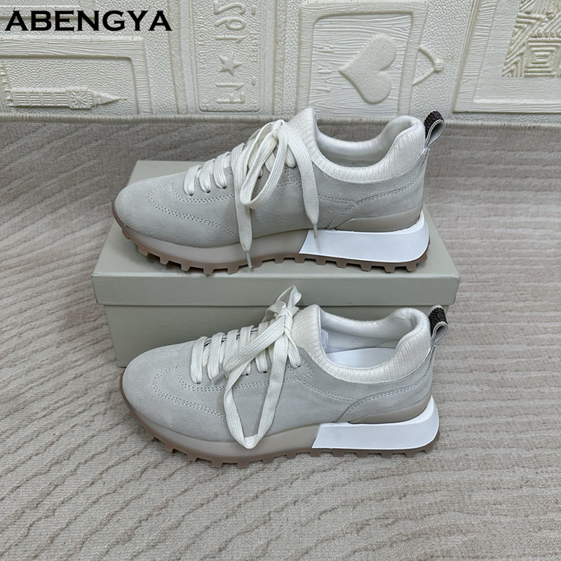 2025 blanc tricoté daim plat m - Knit Fabric Lace Up Sneakers avis et prix